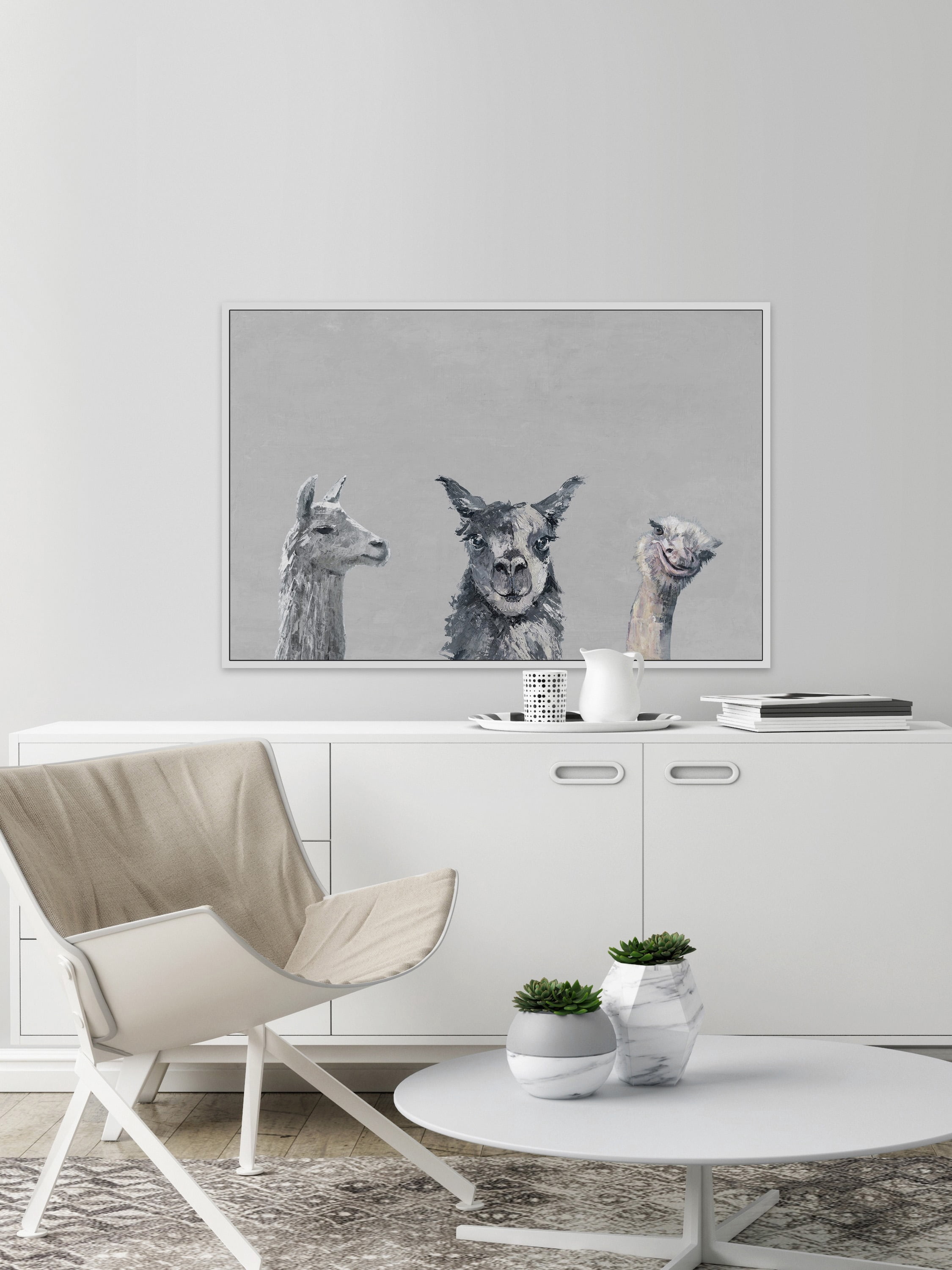Llama and Ostrich Groove in Gray Floater Framed Painting Print on Canvas