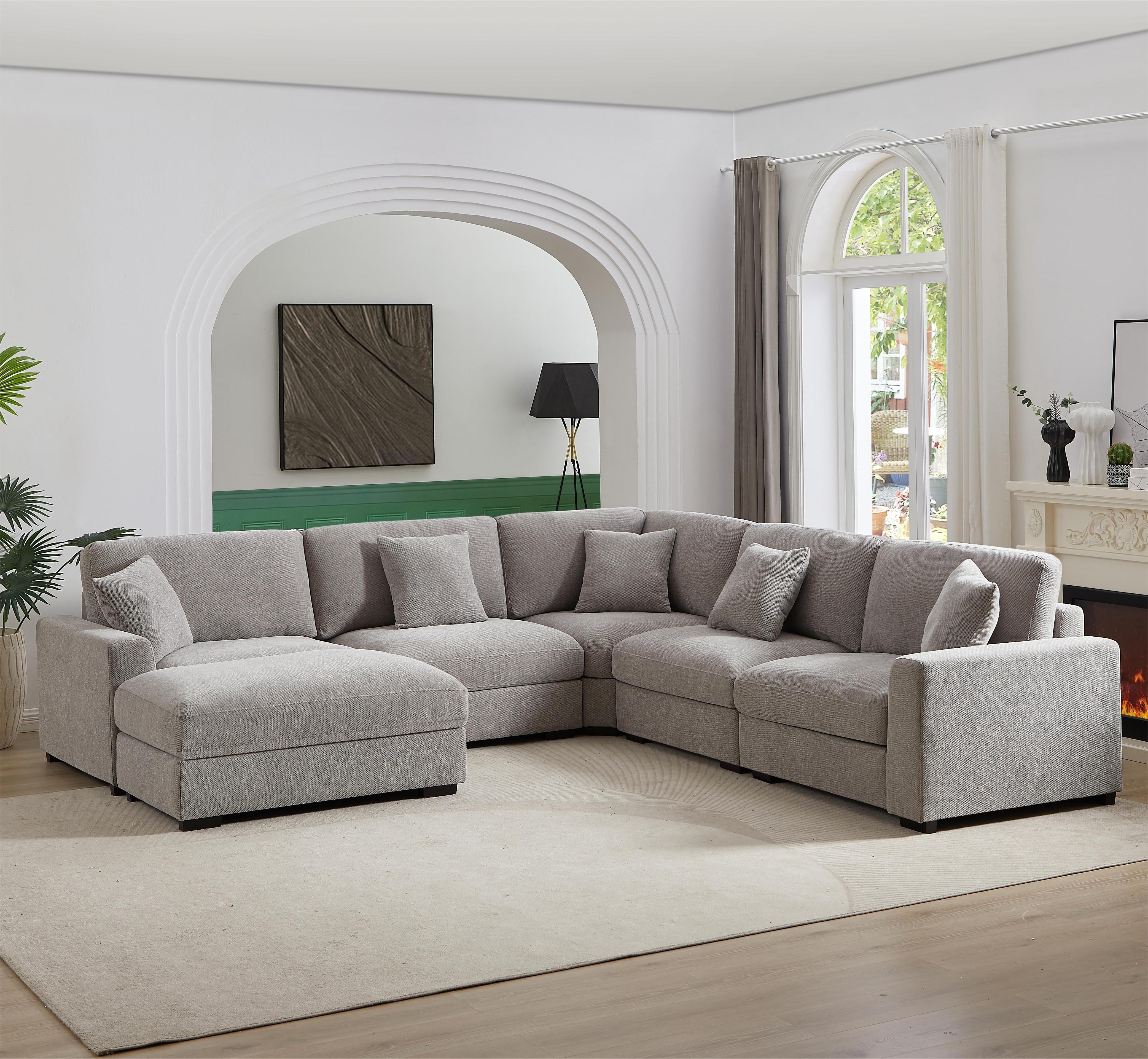 LolLov Furniture Polyester Modular Sectional Sofa Living Room Furniture Set, Light Gray