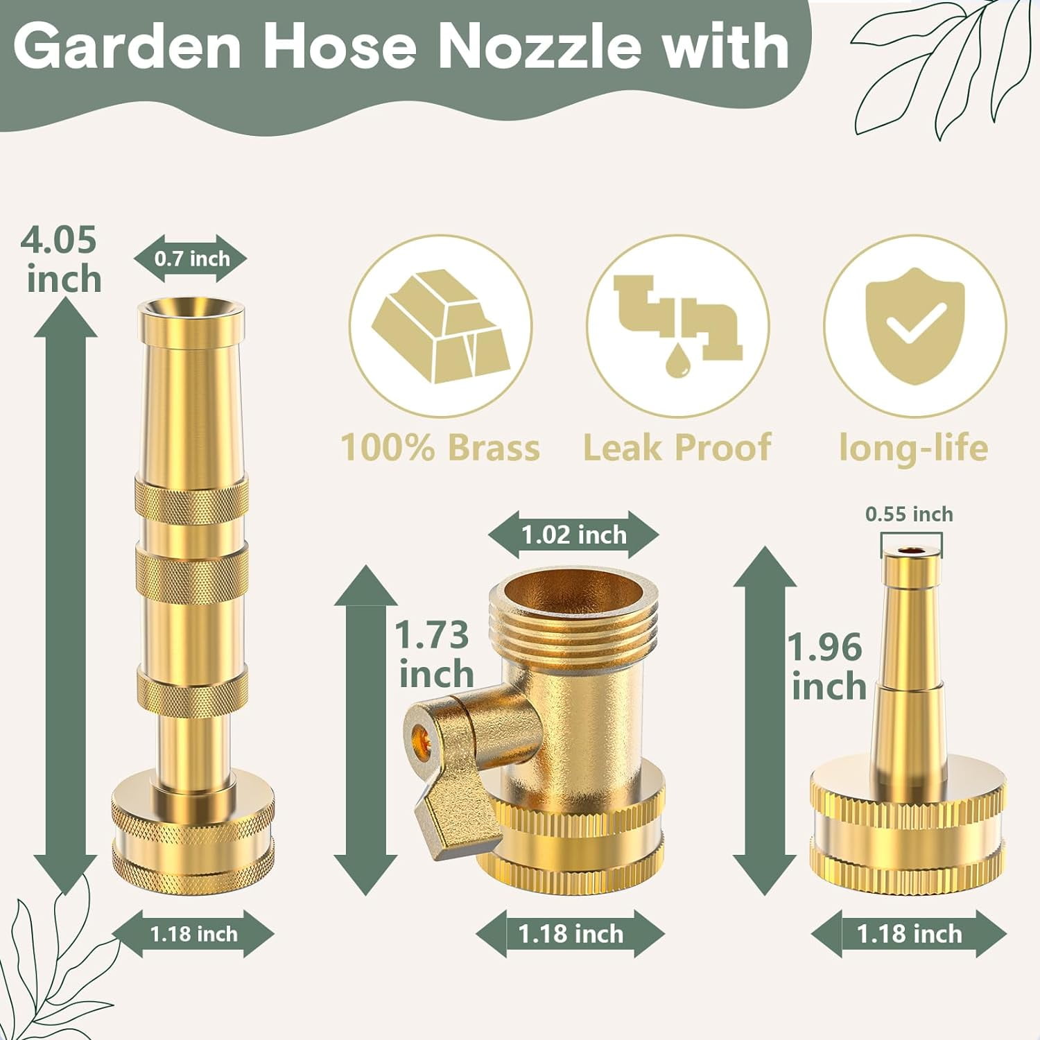 Heavy-Duty Brass Adjustable Twist Hose Nozzle, High Pressure Hose Nozzle with On-Off Valve, Leakproof Operation 3/4" GHT Connector 3 Pack