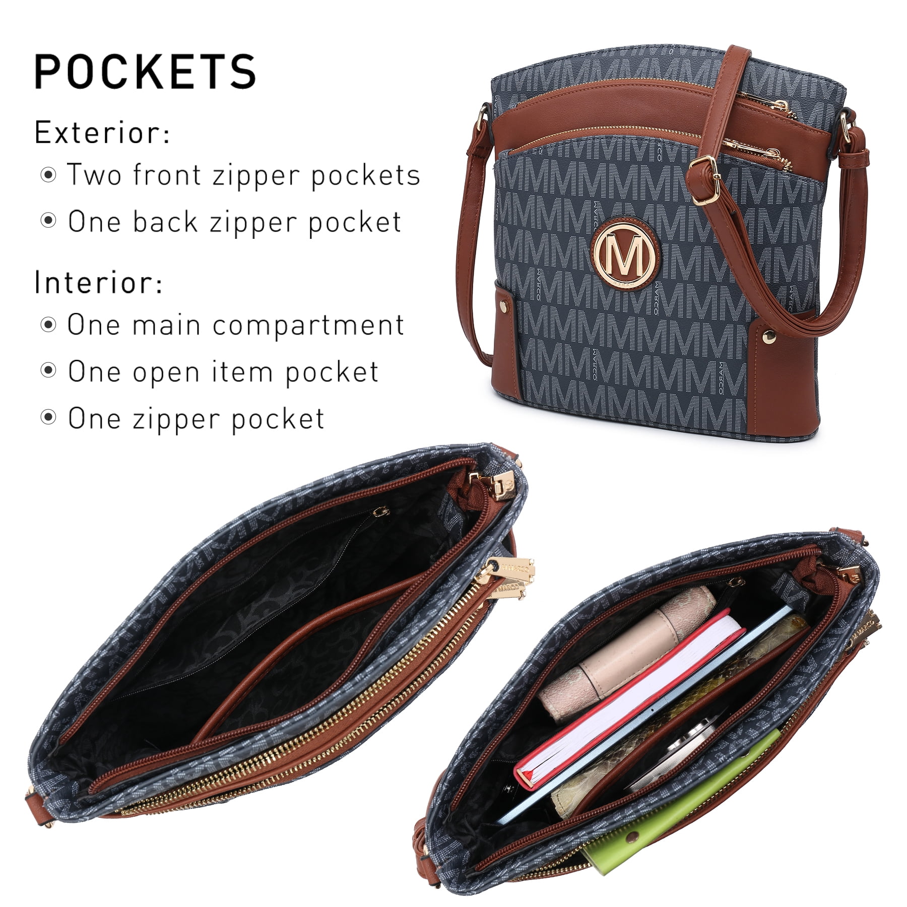 MKP COLLECTION Crossbody Bags Purses for Women Trendy Multi Pockets Monogram Zip Shoulder Bags Ladies PU Leather Handbag