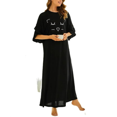 

Cute Cartoon Round Neck Sleepshirts Black 3/4 Sleeve Women Nightgowns & Sleepshirts L