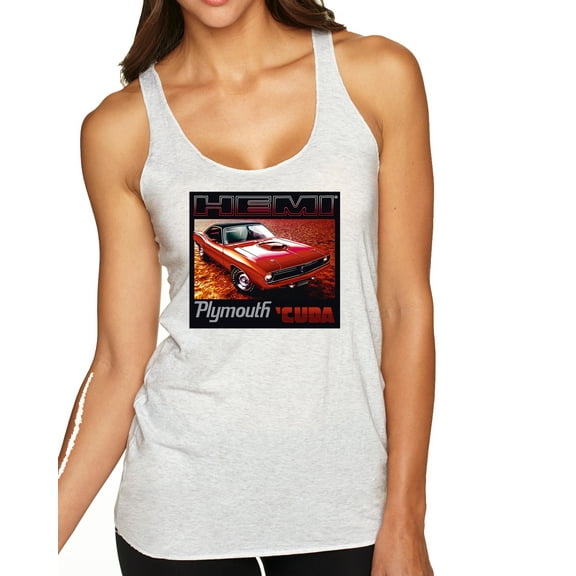 Wild Bobby, 1971 Hemi Plymouth Cuda American Muscle Car | Womens Cars and Trucks Premium Tri-Blend Racerback Tank Top, Heather White, Small