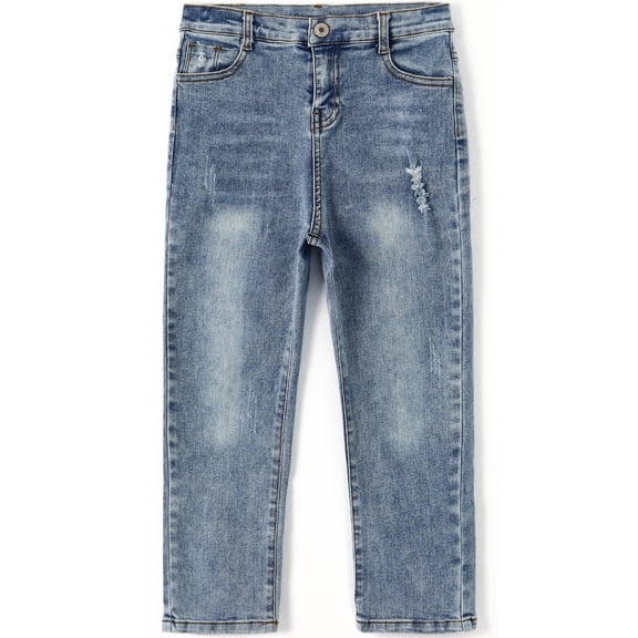 KIDSCOOL SPACE Little Boy Slim Fit Jeans,Kid Ripped Elastic Band Inside Denim Pants,Light Blue,4-5 Years