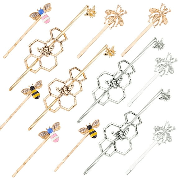 8Pcs 4 Style Hair Bobby Pins & 4 Sets 2 Color Alloy Hair Clips Hair Bun Cages Hair Style Tool Bees & Honeycomb Mixed Color 64.5~138mm