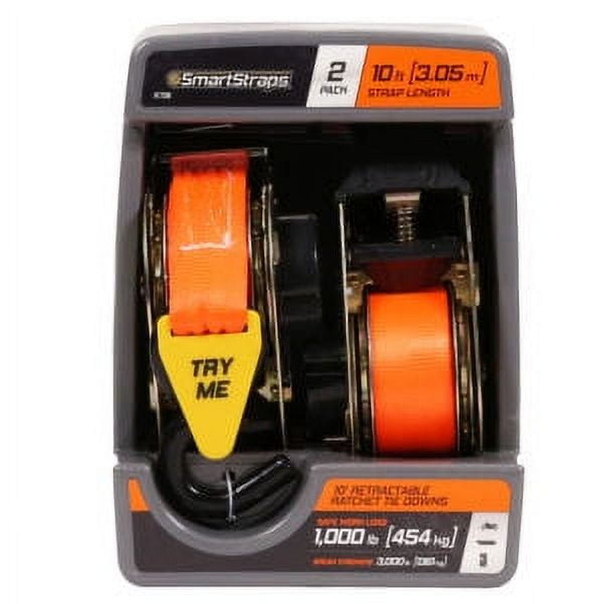SmartStraps 1.5" x 10ft Retractable Ratchet Tie Down Straps, Orange, 2 Pack - 1,000lb SWL