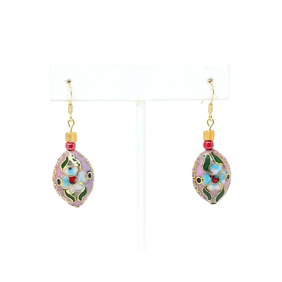 Vintage Violet Purple Cloisonne Earrings with White Flowers