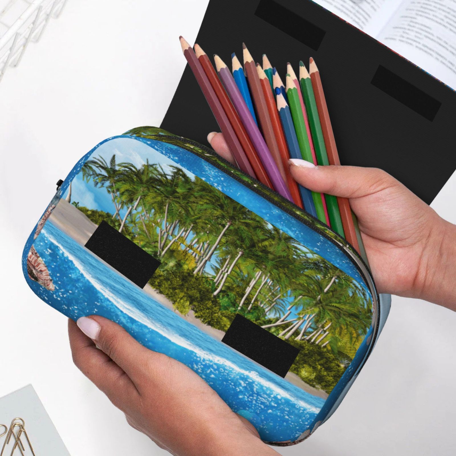 Rateoe Island And Coral Reef Pattern Double Clamshell Pen Case, Storage Organizer with Two Zipper Compartments– Holds Up to 50 Pencils & Pens