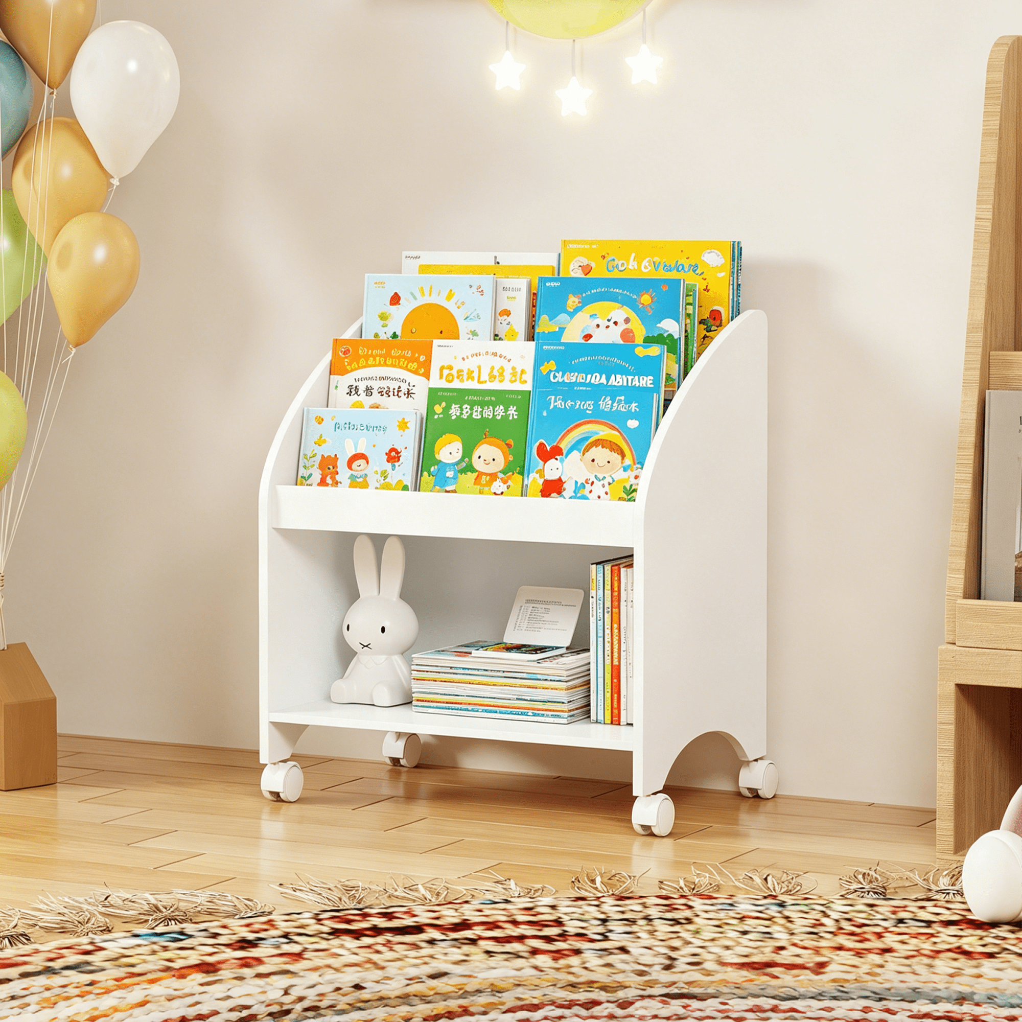 White Mobile Kids Bookshelf with Lockable Wheels 3-Tier Front-Facing Display Toddler Book Organizer