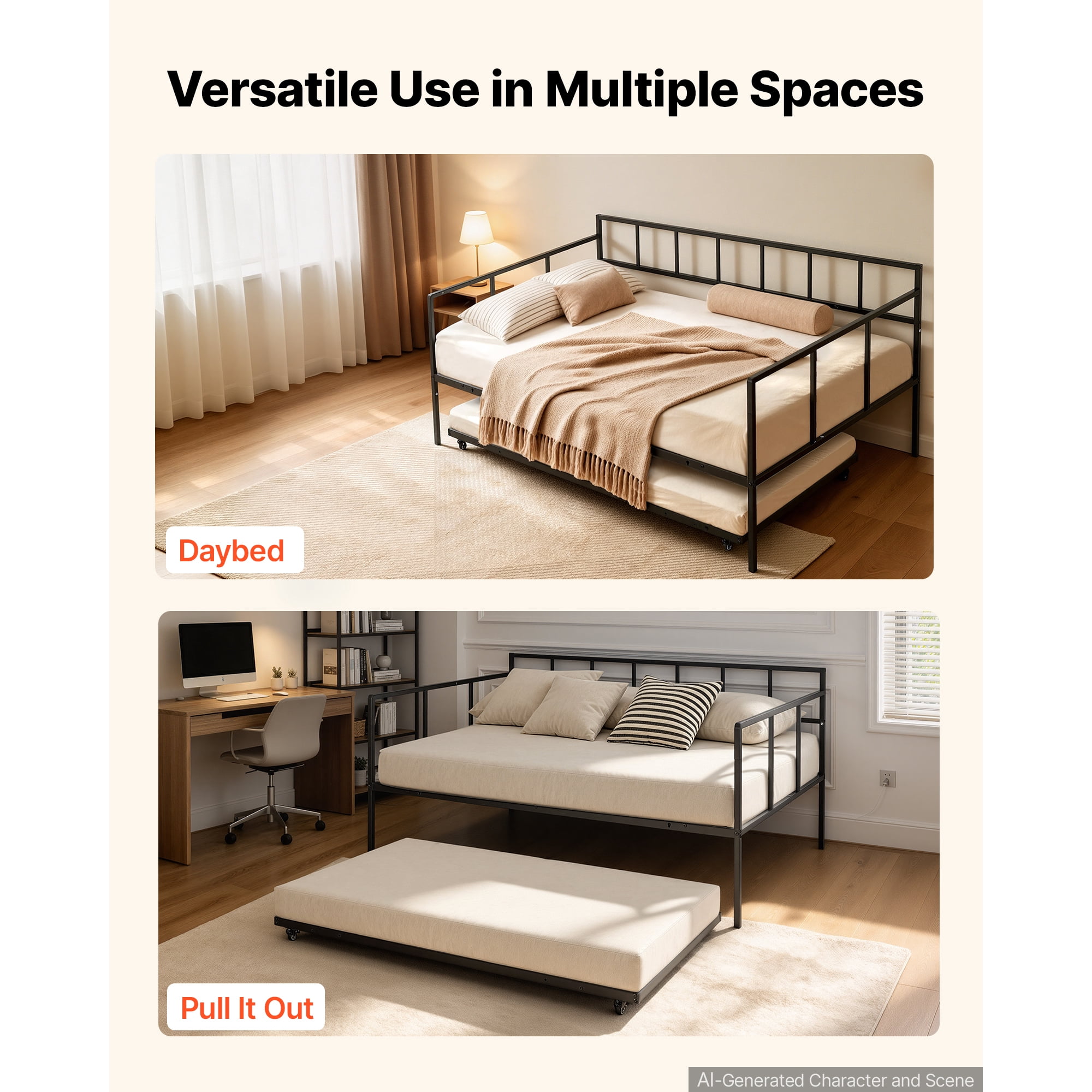 KFFKFF Full-Size Daybed with Pop-Up Trundle Twin Metal Frame, Ideal for Living Room, Bedroom, Durable Metal Construction, Space-Saving Design, Includes 2 Lockable Casters, Simple Assembly, Black