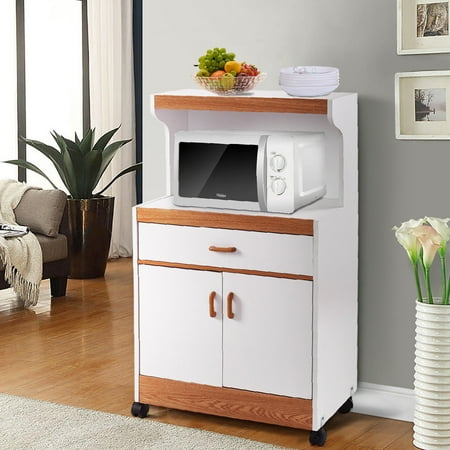 2 Shelf Tub Cart Gymax Microwave Cart Stand with Drawer and Two Doors Cabinet Storage Shelves Rolling ()