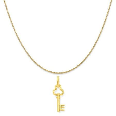 14k Yellow Gold E Key Charm on a 14K Yellow Gold Rope Chain Necklace, 20"