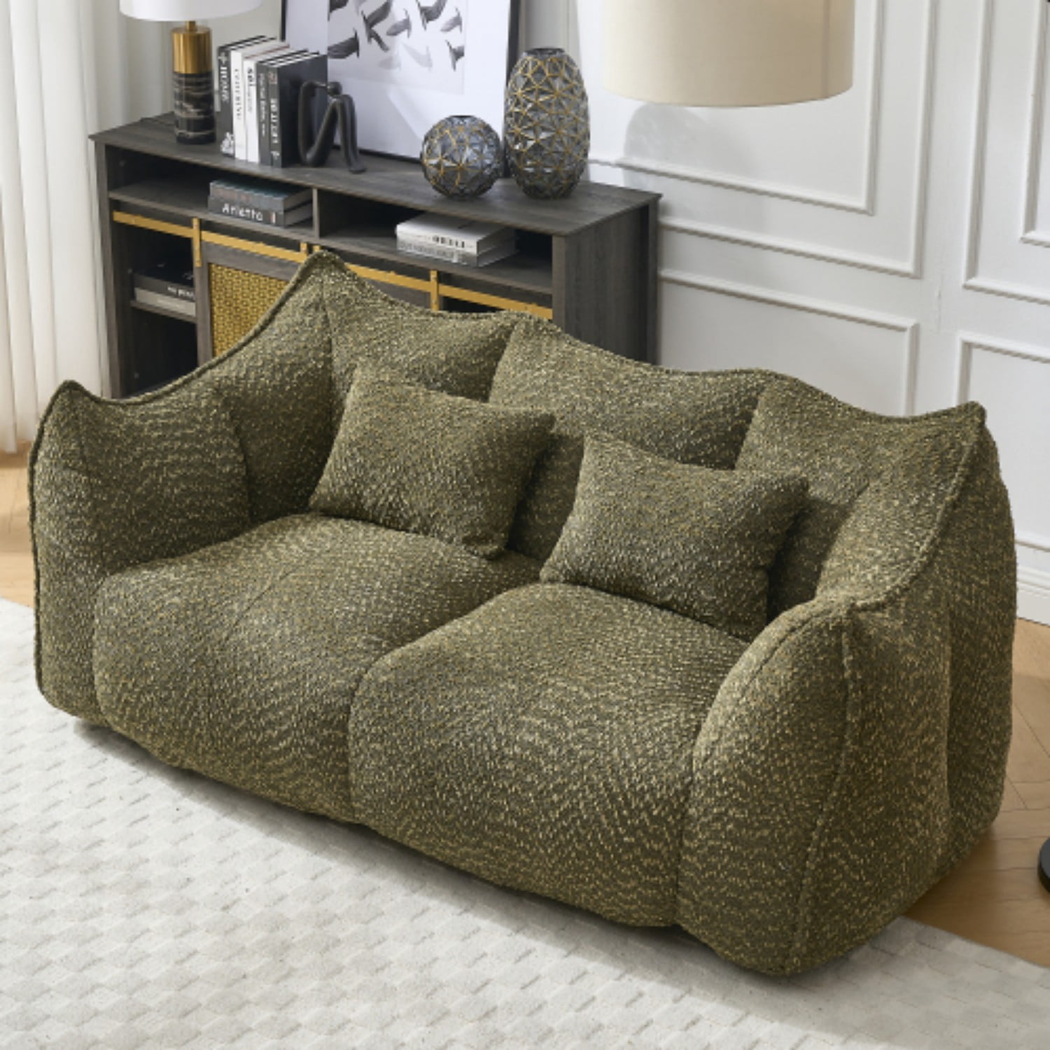 Oversized Bean Bag Chair for 2 People, Soft Chenille Square Floor Sofa with High Resilience Foam Core, Armless Lounge Recliner for Living Room, Bedroom, Gaming & Reading Room, Olive Green