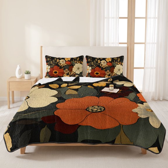 Queen Quilt Set, Retro Blooming Floral Leaves Plant Lightweight Quilt Sets Summer Comforter Coverlets with 2 Pillow Shams, Colorful Flower on Black Breathable 3 Piece Bedding Set for All Seasons