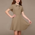 thumbnail image 4 of XRoczxe Girls Short Sleeve Polo Collar Swing Dress Ruffled Button Front Casual School Uniform Dress with Side Pockets Multiple Solid Colors Khaki, 4 of 9