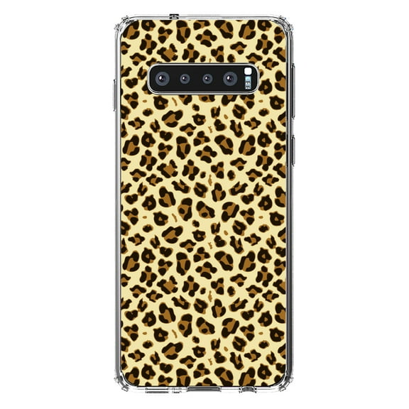 DistinctInk Clear Shockproof Hybrid Case for Samsung Galaxy S10  PLUS(6.4" Screen) - TPU Bumper, Acrylic Back, Tempered Glass Screen Protector - Black Beige Tan Leopard Skin Spots