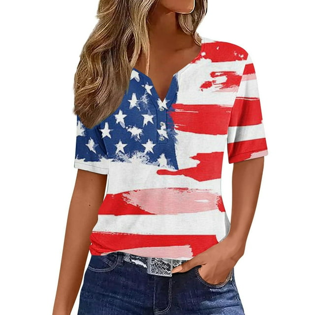 KIHOUT Women's Independence Day Printed T-Shirt Button Up Short Sleeved V-Neck Tops Wine S