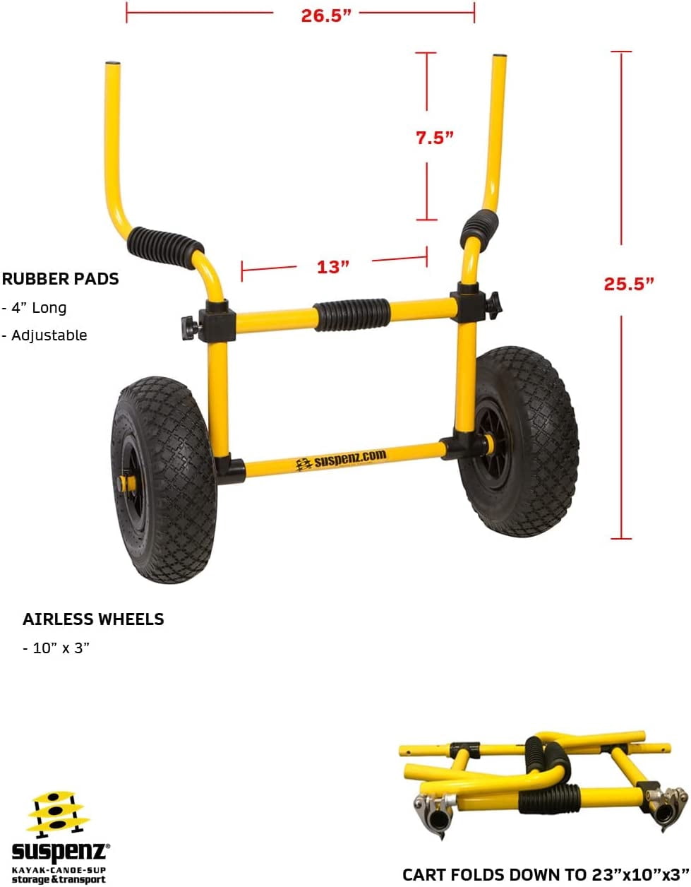 Suspenz Kayak Cart Trolley, Sit on Top SOT Adjustable Transport Carrier, Airless Wheels, 150lb Capacity