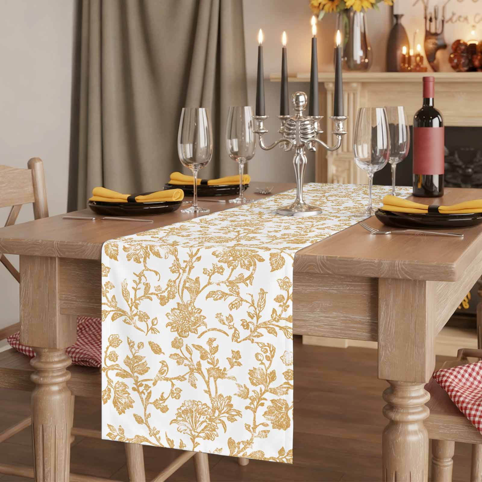 Orange Flower 120 Inch Table Runner, Vintage Farmhouse Boho Leaf Spring Plant Farmhouse Dresser Scarf Cotton & Linen Tablerunner for Dining/Kitchen Island/Holiday Party Décor 13" x 120"