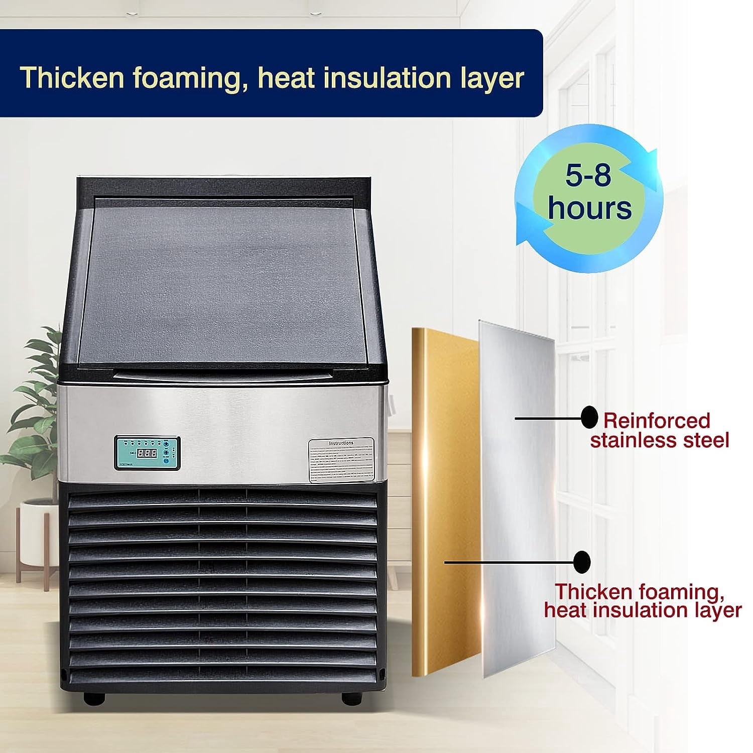 Kolice Commercial Automatic Ice Cube Machine,Ice Machine Ice Maker-132lbs per Day For Bars,Cafes, Milk-tea stores, Restaurants, Hotels,Bakeries, Dessert Shop