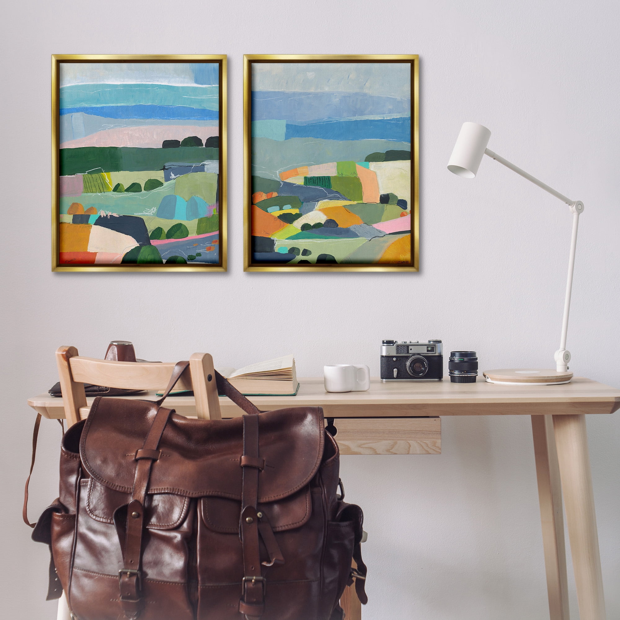 Stupell Industries Modern Farmland & River Landscape Painting Gold Floater Framed Canvas Art Print Wall Art, 25 x 31, Set of 2