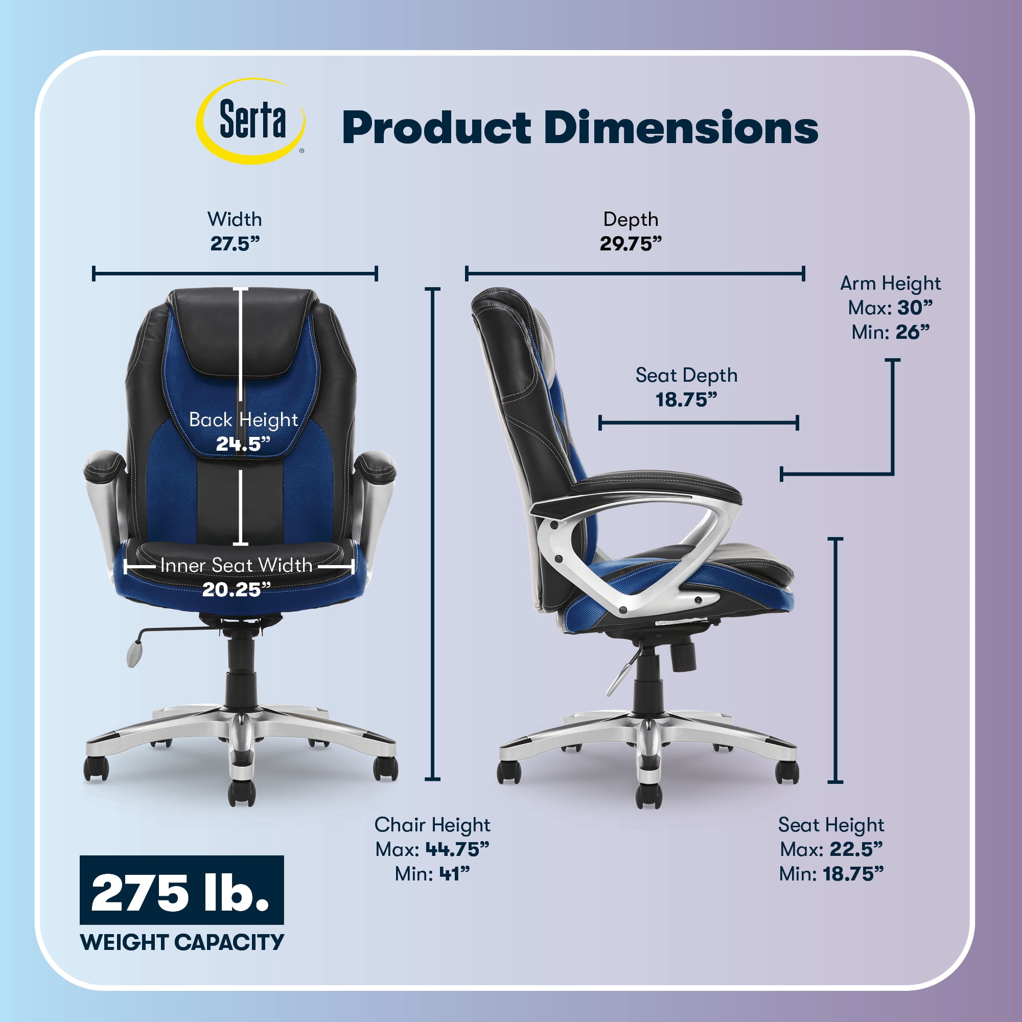 Serta®Amplify Executive Office Chair with Faux Leather and Mesh, Adjustable Ergonomic Comfy Seat with Lumbar Support, Modern Computer Desk Chairs, Swivel Rolling Wheels Blue