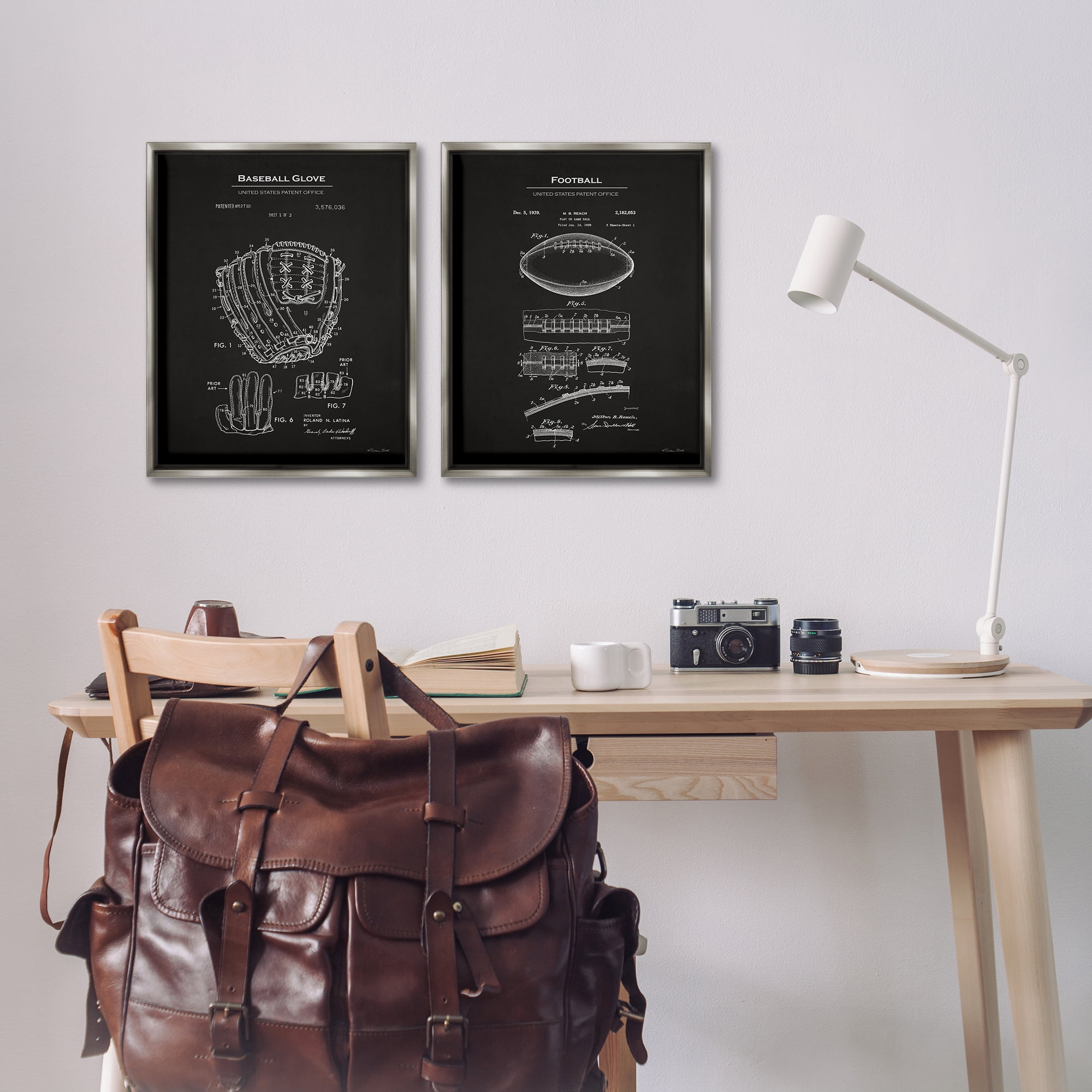 Stupell Industries Football Baseball Glove Patent Education Painting Gray Floater Framed Canvas Art Print Wall Art, 17 x 21, Set of 2