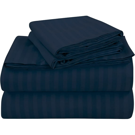 Bed Sheet Set 4 Piece with 1 Zipper Closure Duvet Cover - 100% Egyptian Cotton & 600 Thread Count 5 Piece Bedding Sheet Set - Fit Upto 12" Inch Deep Pocket - Navy Blue Stripe, Twin-XL Size.