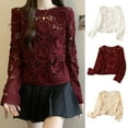 thumbnail image 2 of Women's Fashionable Hollowed Out Crochet Knit Pullover Crop Top Long Sleeve Flower Loose Fit Sweater Coverup Shirt, 2 of 8