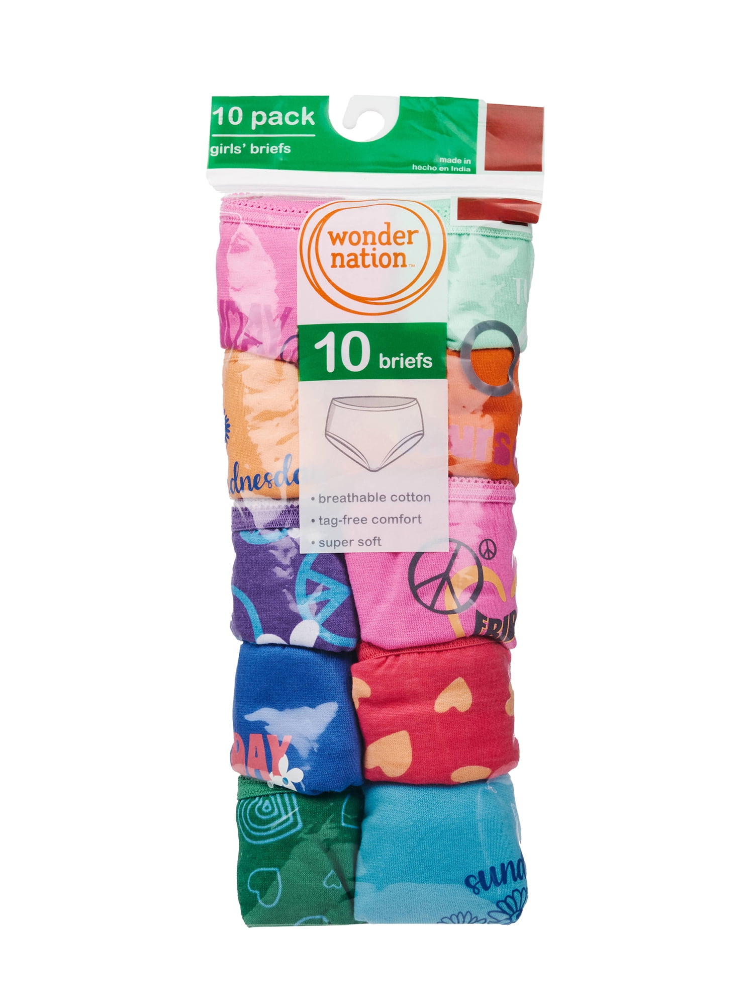 Wonder Nation Girls Cotton Brief Underwear, 10-Pack, Sizes 4-18 & Plus
