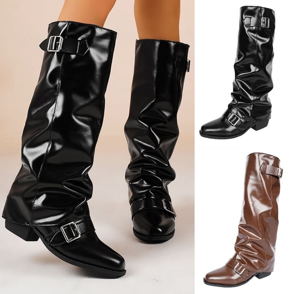 Lovzfmll Knee High Boots Women, Western Boots Pointed Toe Belt Buckle Mid Heel, Block Heel Wide Calf Buckle Chelsea Leather Boots Fall Black Boots