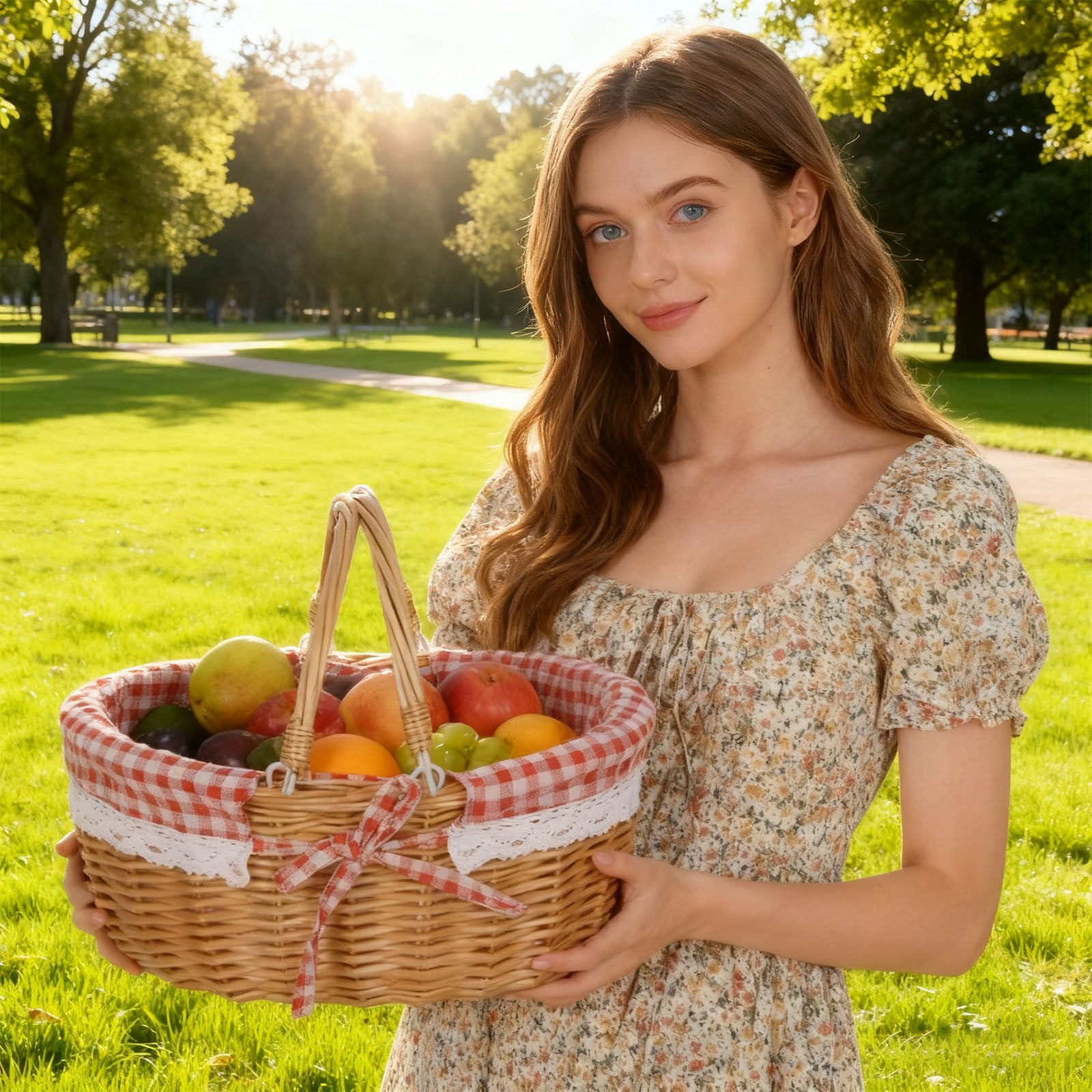 Multifunctional Woven Picnic Basket with Foldable Handles, Suitable for Indoor & Outdoor, Home Decor, Fruit Storage, Photography Props, Easter Decorations, New Year party Gift Basket, 15x12x14 in
