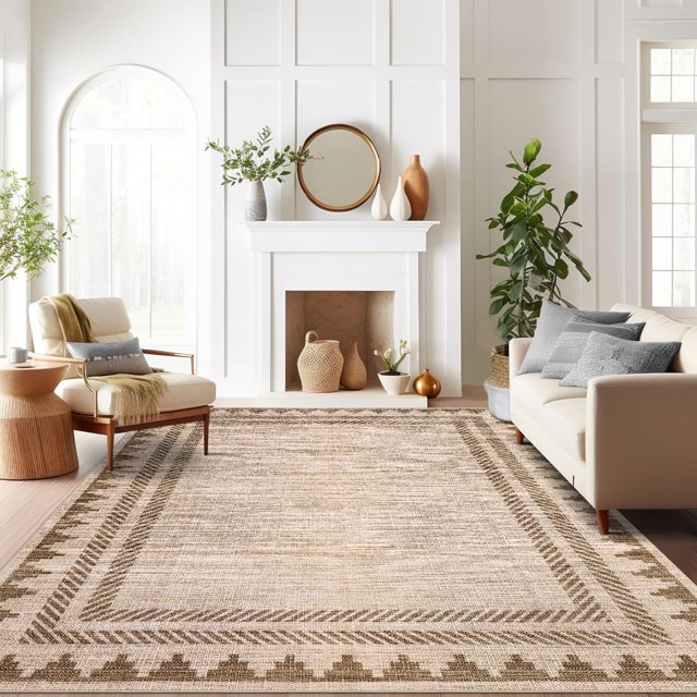 9x12 Washable Modern Solid Area Rug, Non Slip TPR Backing Low Pile Carpet for Living Room, Bedroom, Dining Room,Brown