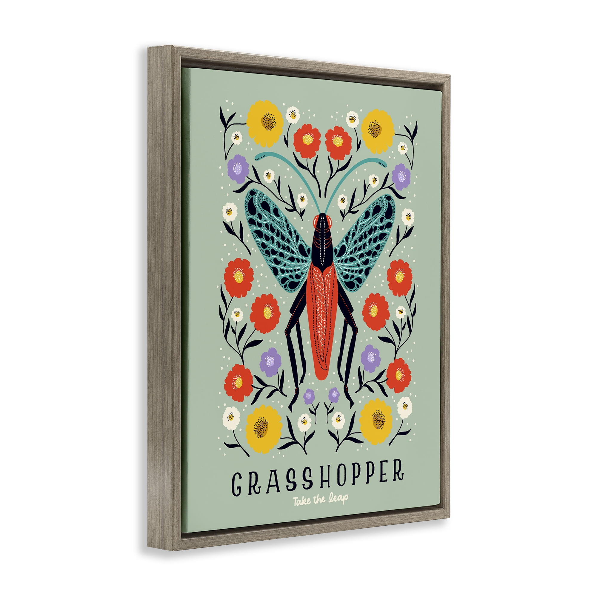 Stupell Industries Symmetrical Grasshopper with Blooms Brown Framed Floater Canvas Wall Art, design by Indira Prieto | IndySign