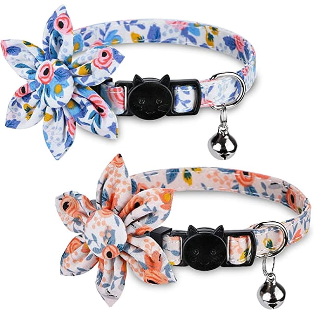 Collar de gato desmontable con flores y cascabel (azul y naranja) - Conjunto de 2 piezas con collar de gato con cascabel y collar de gato con girasol, accesorio para mascotas, ajustable, apto para gat