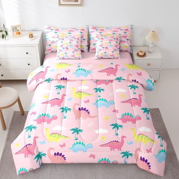Manfei Kids Children Cartoon Dinosaur Twin Bedding Sets 7-Piece,Kawaii Animal Dino Bedding Comforter Set Microfiber,Cute Jungle Wildlife Breathable Sheet Sets,Breathable Home Decor,Reversible