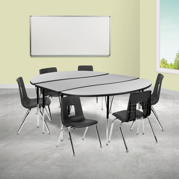 Emma Oliver 86" Oval Wave Activity Table Set with 16" Student Stack Chairs, Grey/Black