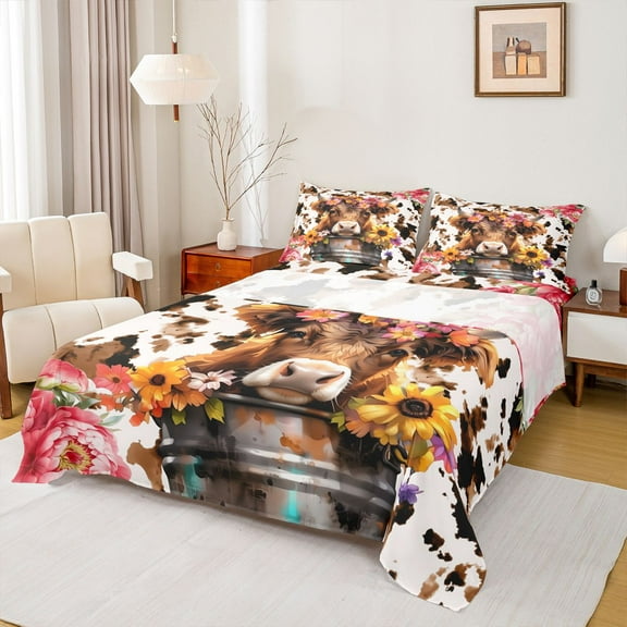 Homewish Highland Cow 3pcs Twin Sheet Sets for Teens Boys Girls,Farmhouse Animal Twin Fitted Sheet,Chic Flowers Breathable Flat Sheet,Luxury Bedroom Decor