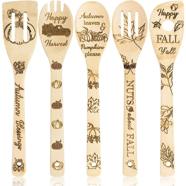 5Pcs Autumn Theme Wooden Spoons Utensils Set, Fall Pumpkin Cooking Utensils Non Stick Spatula Carve Burned Bamboo Spoons Kitchen Cookware Gadget Kit Housewarming Gift Funny Autumn Kitchen Decor - -