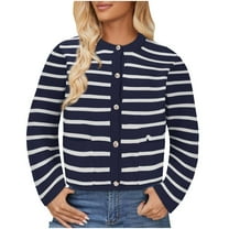 ZQUUVOU Women's Striped Cardigan Sweaters Crewneck Button Down Long Sleeve Casual Cropped Knit Lady Tops Navy