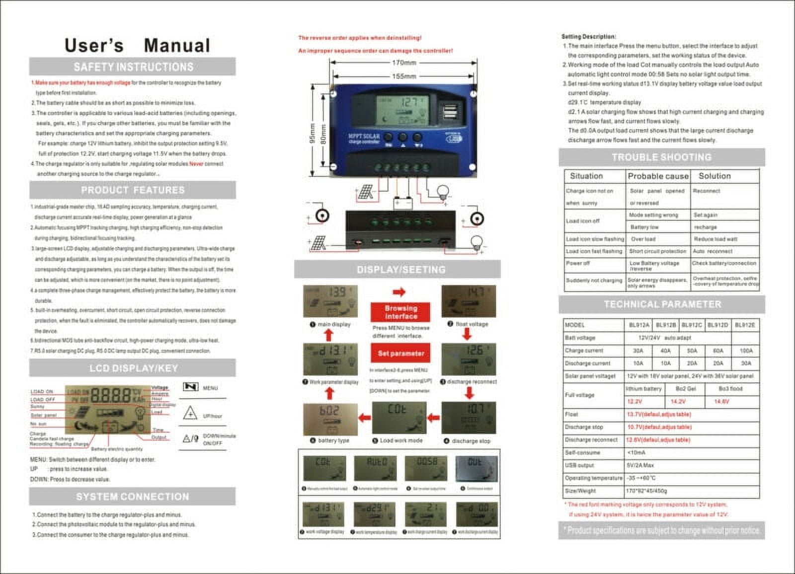 30/40/50/60/100A MPPT Solar Panel Regulator Charge Controller 12V/24V Auto Focus