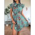 thumbnail image 6 of Women Floral Pleated Knee-Length Dress Vacation Crew Neck Sleeveless High Waist Slim Robe Green S, 6 of 7