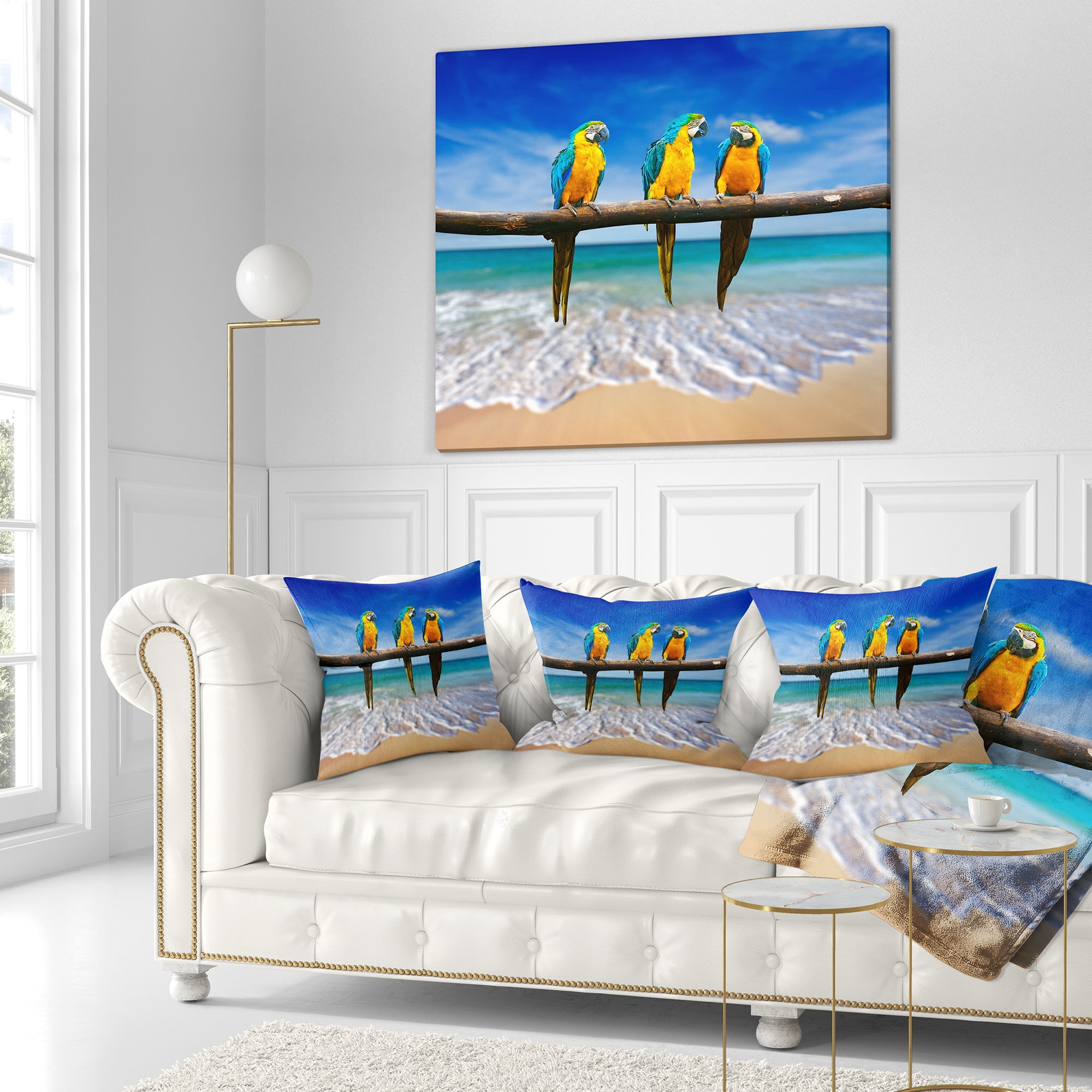 Designart Blue Gold Macaws at Beach - Seashore Photo Throw Pillow - 18x18
