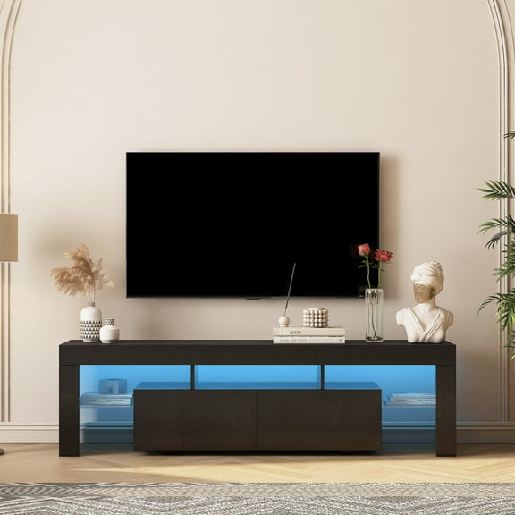 Tcbosik Modern LED TV Stand for TVs up to 65 inch, Modern Entertainment Center with Glass Shelves and 2 Drawers, Television Stand for Living Room, Black