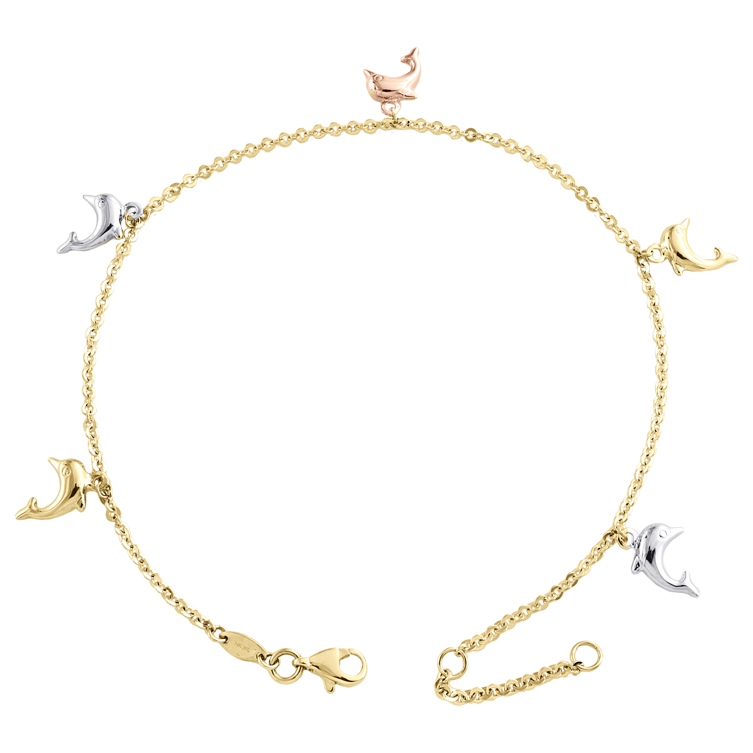 14K Tri-Color Gold Fancy Rolo Link Chain 13mm Dolphins Charm Anklet 9" + 1" Ext.