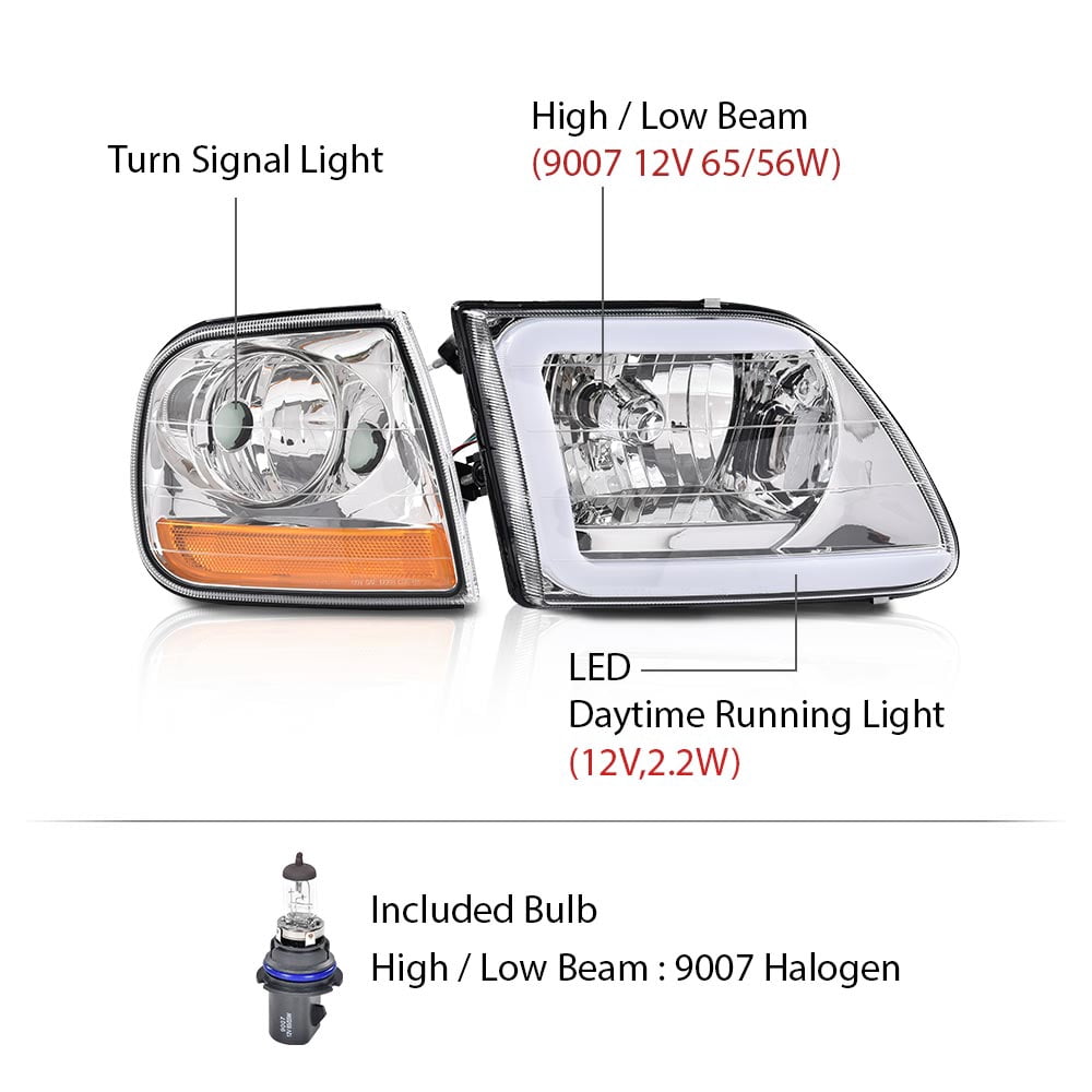PIT66 Fit For 1997-2004 Ford F150 C STYLE LED Strip Headlights Headlamps Chrome/Amber