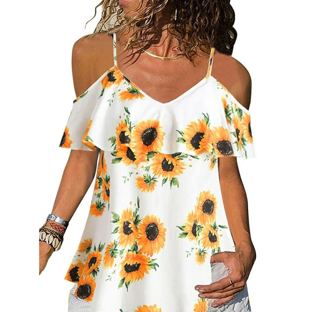 DYMADE Femmes Imprimé Tournesol Spaghetti Sangle Épaule Froide Top Chemise