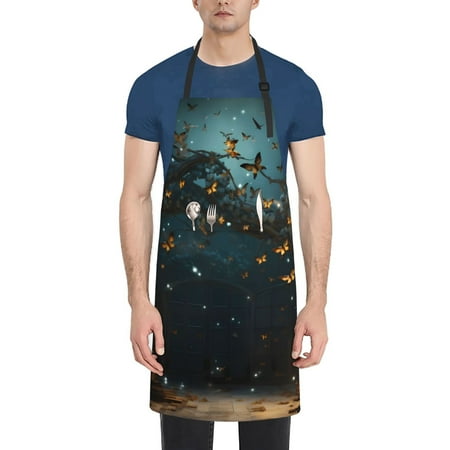 

Xecao Magical Library Butterfly Night Print Kitchen Cooking Aprons Waterproof Adjustable Bib Aprons with 2 Pockets for Women Men Chef