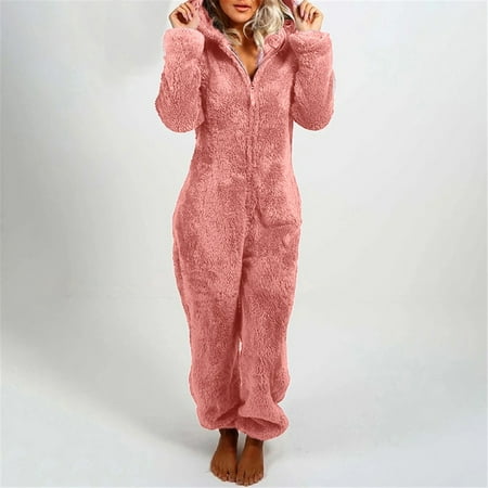 

One Piece Fleece Hoodies Jumpsuit Pajamas for Womens Plus Size Winter Warm Sherpa Romper Sleepwear Zip-Up Loungewear S-5XL