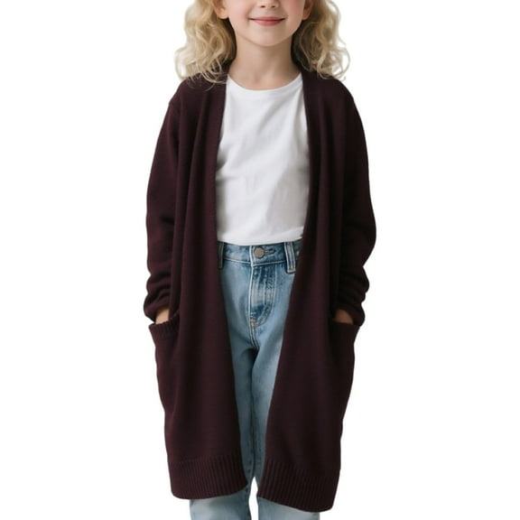 LTTVQM Girls Kids Open Front Cardigans Sweaters Long Sleeve Knit Cute Sweater Outwears with Pockets Coffee 4-5 Years