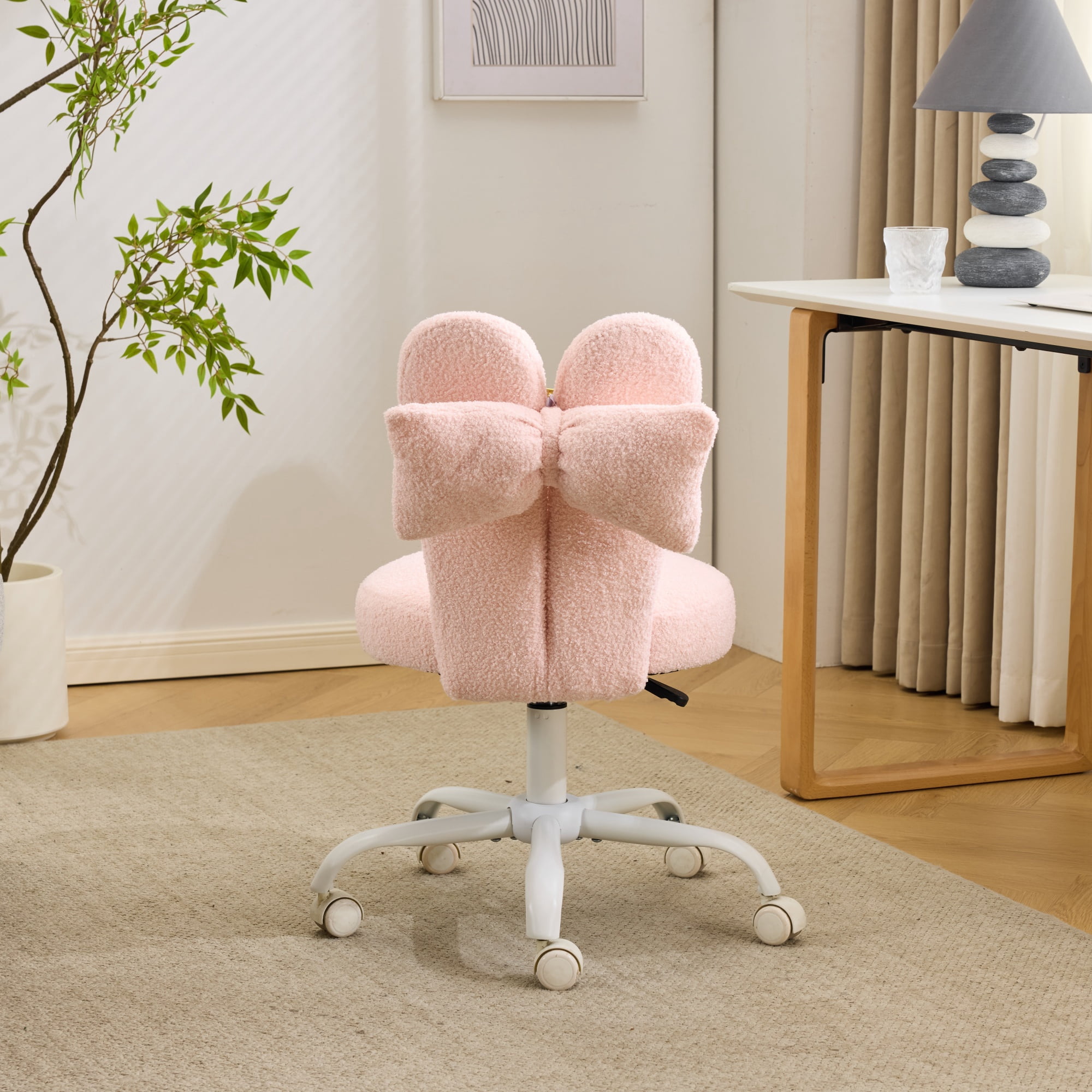 Ktaxon Teddy Fleece Office Chair, Rabbit Ear Backrest Vanity Chair, Adjustable Swivel Reading Chair for Home Office Pink